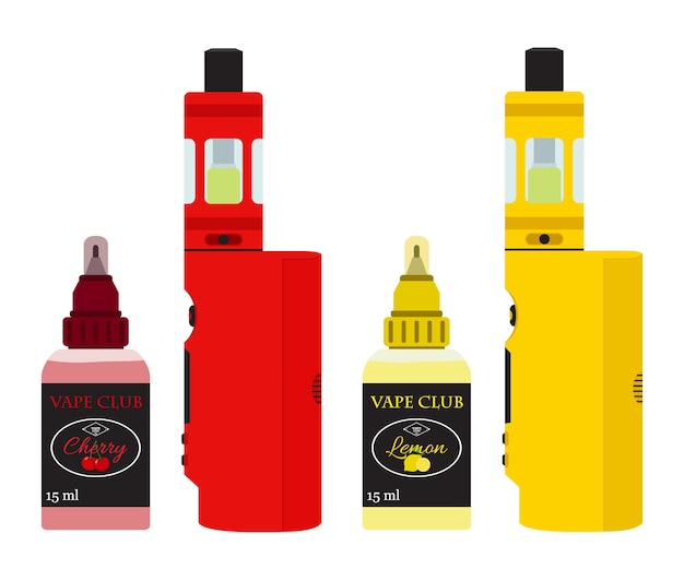 Vetor dispositivos vape brilhantes com suco vaping em garrafas