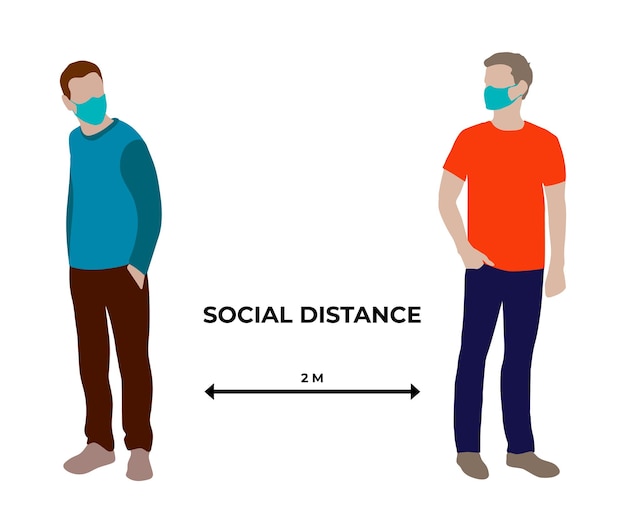 Vetor distanciamento social dois homens mascarados a uma distância de dois metros um do outro. estilo plano.