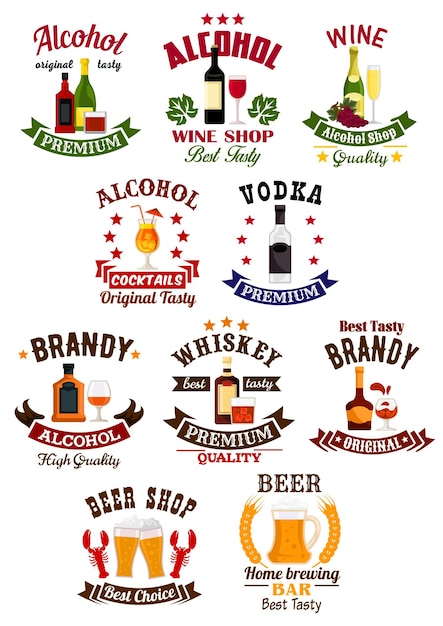 Distintivo de bebidas alcoólicas definido para design de loja de vinhos de bar
