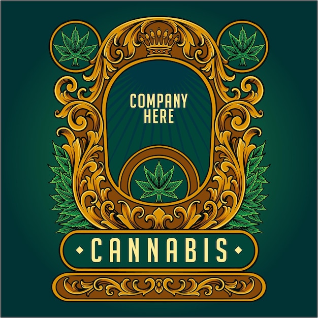 Distintivo de coroa de cannabis vintage elegante com ilustrações ornamentadas de floreio