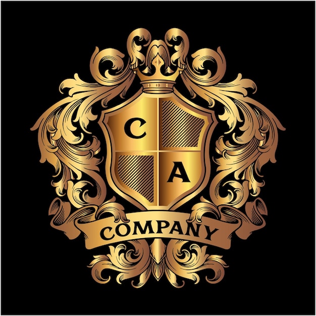 Distintivo de coroa de escudo de luxo com fita clássica Ilustrações vetoriais para o seu trabalho Adesivos de camiseta de mercadoria de mascote de logotipo e design de rótulo cartões de saudação de publicidade empresa de negócios ou marcas