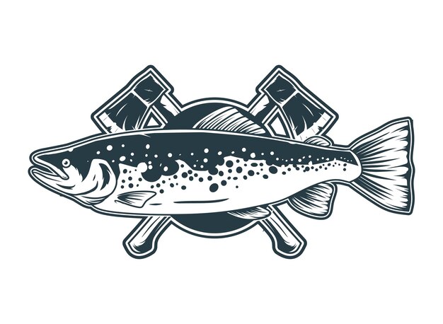 distintivo de vida selvagem com ilustração de salmão e machado