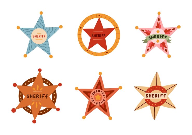 Vetor distintivo de xerife desenhado à mão em estilo bonito de desenho animado símbolo dourado da polícia ocidental sinal de lei, segurança e justiça oeste selvagem e símbolo de cowboy com escudos coleção de emblemas de estrelas