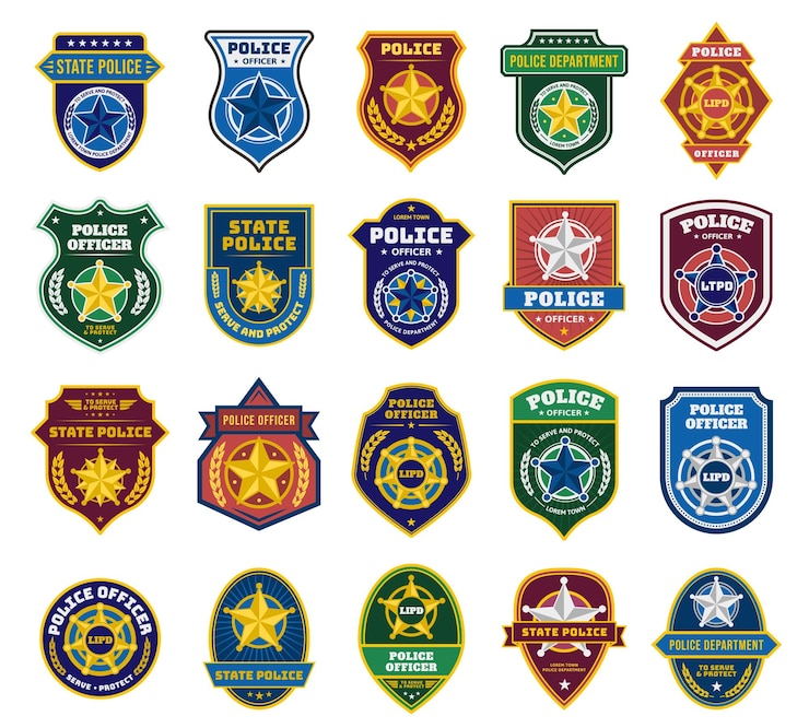Vetor distintivos da polícia agente de segurança e departamento federal assina distintivo de policial estadual com conjunto de vetores de símbolos de estrela