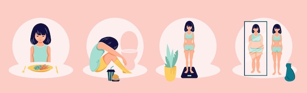 Distúrbio alimentar conceito anorexia bulimia problema ilustração de pessoa plana