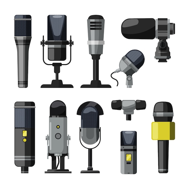 Vetor ditafone, microfone e outras ferramentas profissionais para repórteres e palestrantes