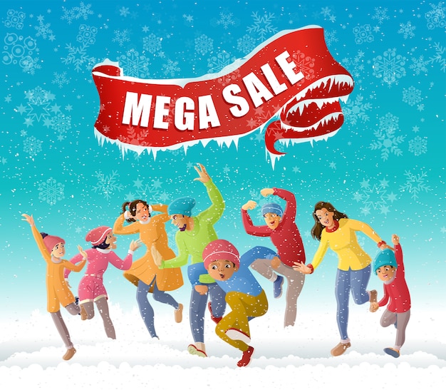 Diversão em família feliz no inverno temporada venda oferta ilustração