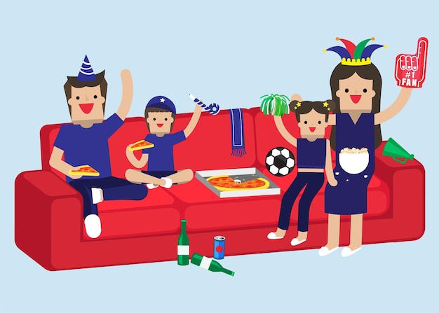 Diversão família torcendo esporte e assistindo futebol na tv em casa