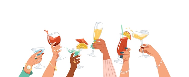 Diversas mãos de mulheres aplaudindo coquetéis ilustração plana