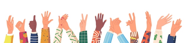 Vetor diversas mãos humanas linha mostrar diferentes gestos personagens masculinos femininos braços gesticular expressar emoções com palmas e dedos aplausos polegar para cima vitória acenando desenhos animados pessoas ilustração vetorial