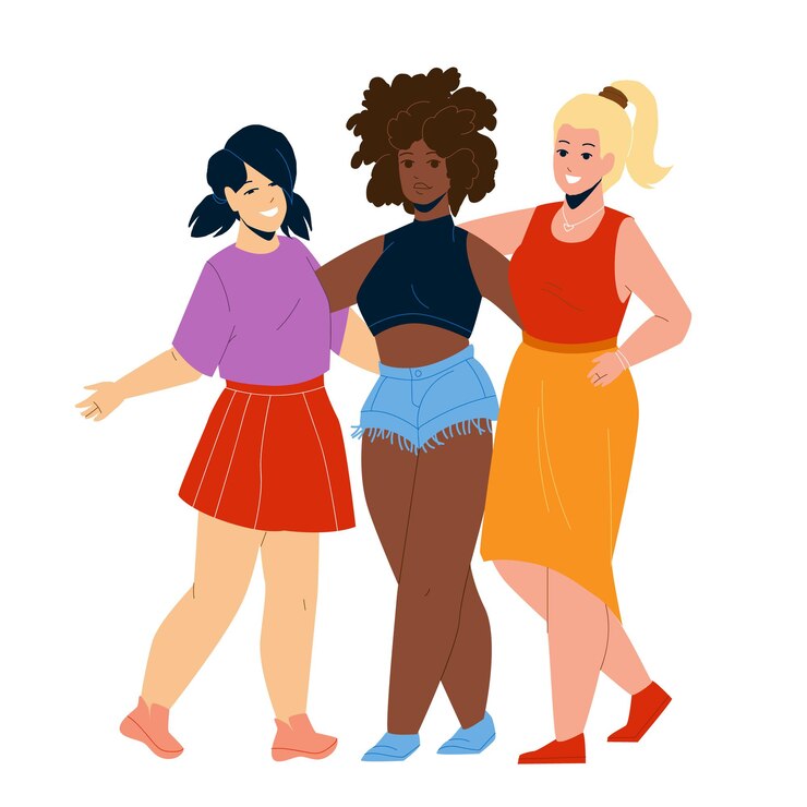 Vetor diversas pessoas mulheres abraçando o vetor juntos. multirraciais caucasianos, africanos e asiáticos diversas garotas ficar e abraçar a união. ilustração dos desenhos animados do plano de amizade dos personagens
