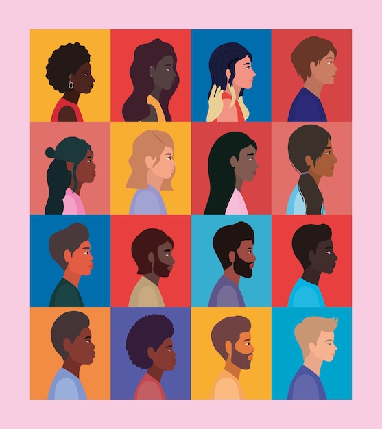 Vetor diversidade de desenhos animados femininos e masculinos no design de quadros, pessoas, raça multiétnica e tema comunitário