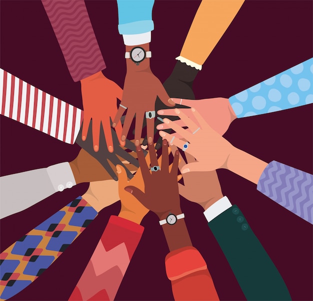 Diversidade de mãos se tocando no desenho do círculo, pessoas, raça multiétnica e tema comunitário