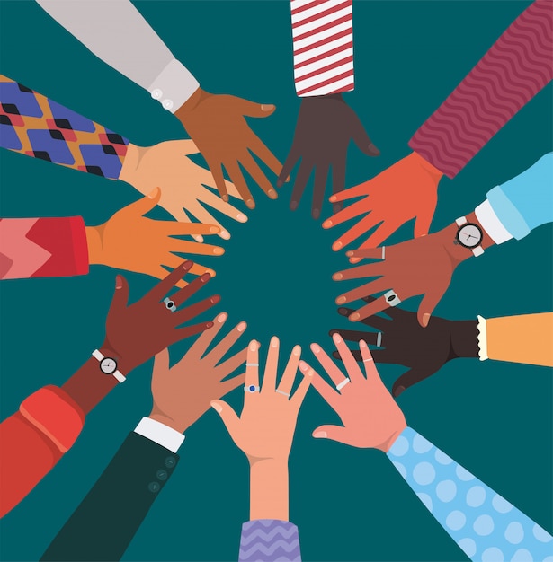 diversidade de mãos se tocando no desenho do círculo, pessoas, raça multiétnica e tema comunitário