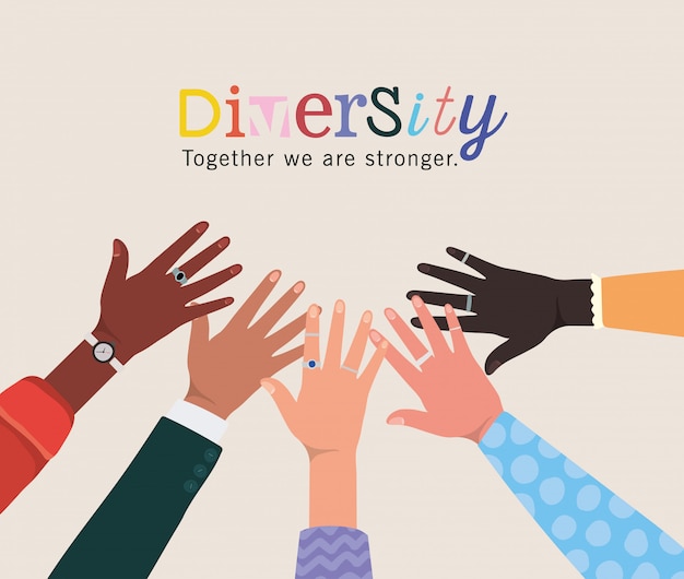 Diversidade juntos somos mais fortes e mãos se tocando design, pessoas, raça multiétnica e tema comunitário