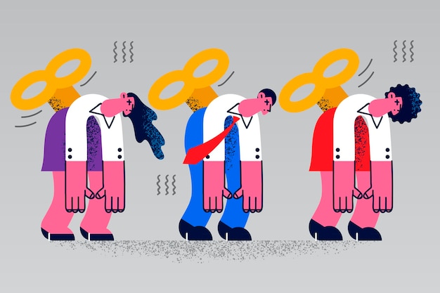 Diversos funcionários com a chave de corda nas costas sobrecarregados com o trabalho de escritório sentem fadiga no local de trabalho. Empresários cansados e exaustos com a agenda da empresa. Burnout, excesso de trabalho. Ilustração vetorial