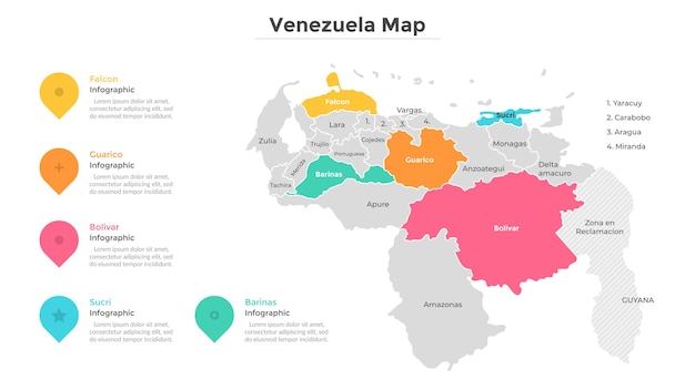 Divisões administrativas da venezuela. mapa do país dividido em regiões com fronteiras modernas. indicação de localização geográfica. modelo de design do infográfico. ilustração vetorial para brochura turística.