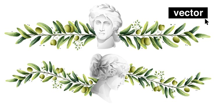 Divisor de aquarela vetorial e azeitonas de fronteira com busto de deus italiano antigo