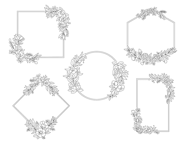 Divisor de borda floral de folha de ícone de moldura de linha colorida isolada com circular para convite de casamento