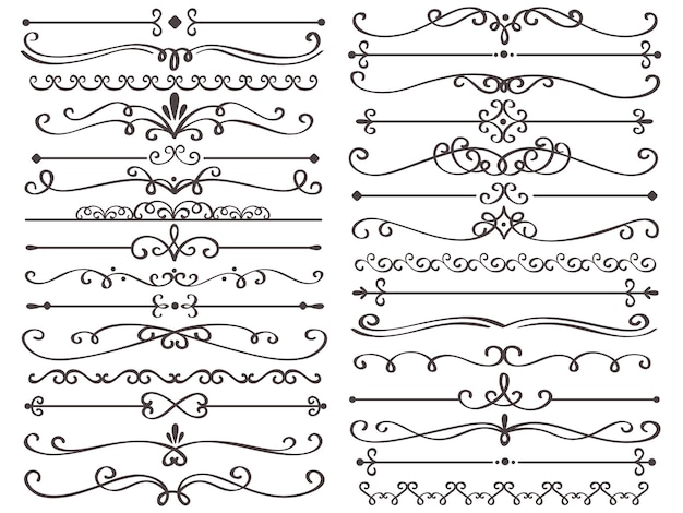 Divisor de página decorativo. linhas de decoração vintage, linha de quadro de casamento de luxo e conjunto isolado de divisores de redemoinho ornamentado