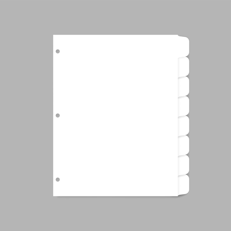 Vetor divisórias de índice de plástico branco para três argolas. folhas de papel de preenchimento em branco com abas cortadas. vista do topo