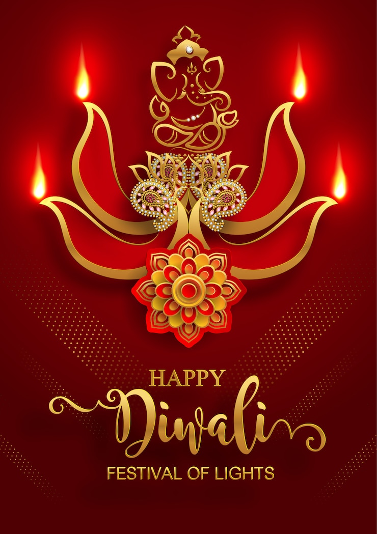 Vetor diwali, deepavali ou dipavali o festival das luzes india com diya do ouro modelado e cristais na cor de papel fundo.