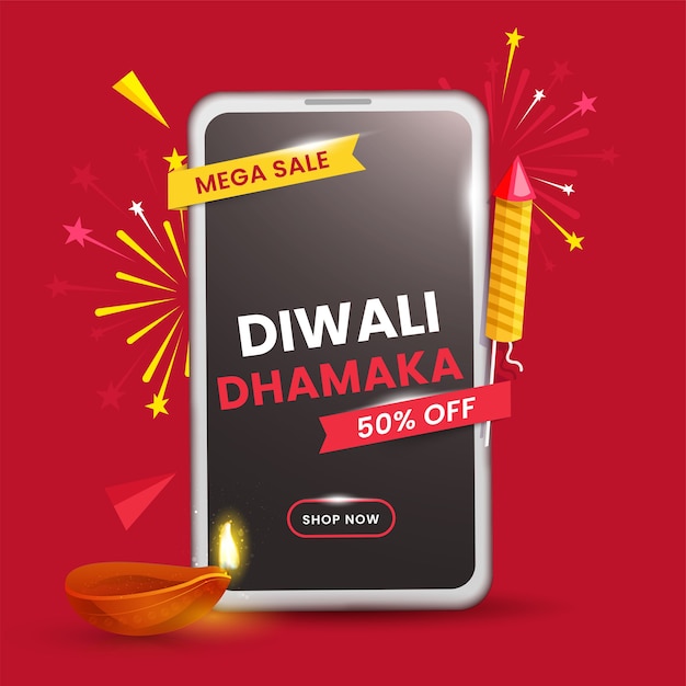 Diwali dhamaka mega sale poster com oferta de desconto de 50%, foguete de fogos de artifício, lâmpada de óleo acesa e smartphone em fundo vermelho.