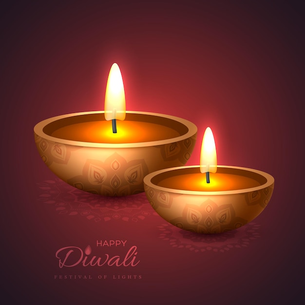 Vetor diwali diya - lâmpada a óleo. projeto de férias para o tradicional festival indiano das luzes. estilo 3d realista em fundo roxo rangoli. ilustração vetorial.