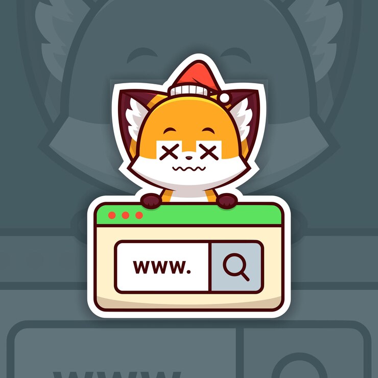 Vetor dizzy christmas fox segurando um adesivo de ícone de pesquisa na web design vector adesivo de desenvolvedor da web