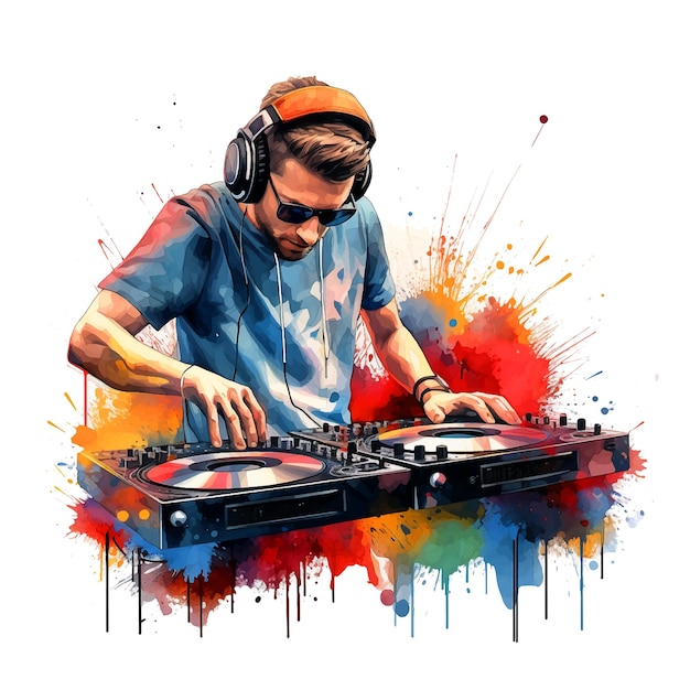 Vetor dj tocando música aquarela pintura