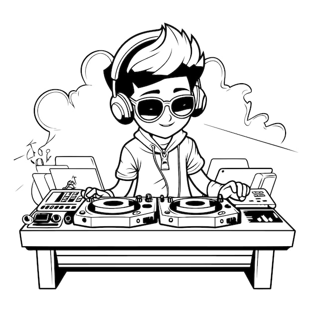 Vetor dj tocando música em toca-discos e se divertindo desenho animado ilustração vetorial design gráfico