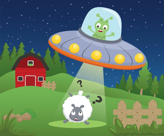 do desenho alienígena em OVNI sequestrando uma ovelha em uma fazenda