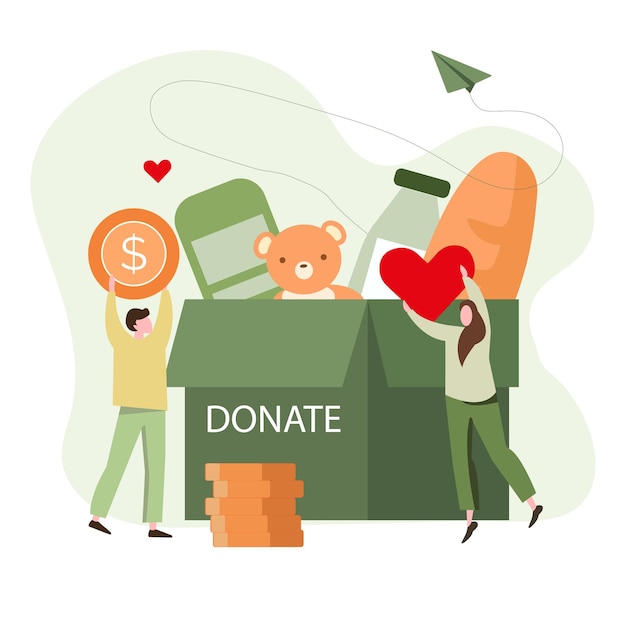 Doação de alimentos e roupas. Ilustração em vetor plana. O conceito de assistência social e caridade