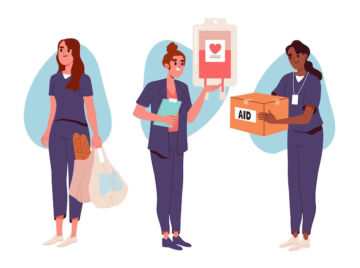 Vetor doação de coisas para mulheres com caixa de papelão e pacote de sangue voluntário com pacotes com