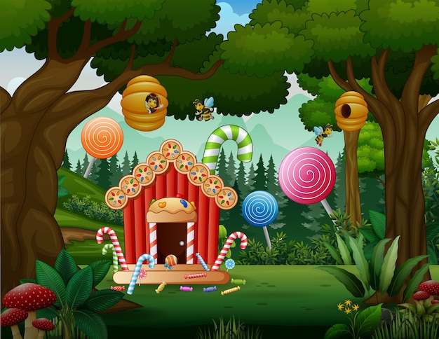 Doce casa de doces na paisagem da floresta