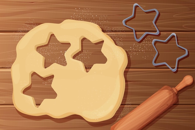 Vetor doce com cortador de biscoitos de rolamento em forma de estrela em estilo de desenho animado em mesa de madeira