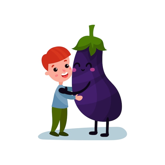 Doce garotinho abraçando o personagem vegetal de berinjela gigante melhores amigos comida saudável para crianças desenho vetorial ilustração sobre um fundo branco