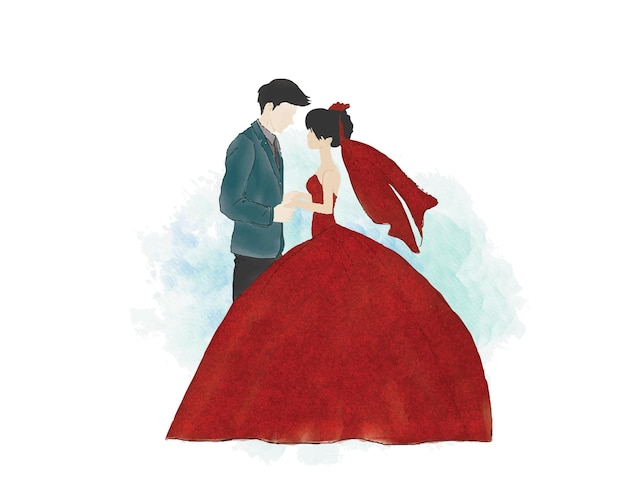 Doce noiva e noivo abraçam junto com flores fundo casamento retrato em aquarela ilustração