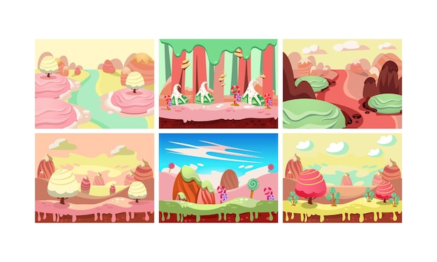 Elementos do jogo para celular da paisagem dos desenhos animados de  fantasia doce doce terra. paisagem de fadas de doces, conjunto de  ilustração de vetor de localização de jogo de mundo de