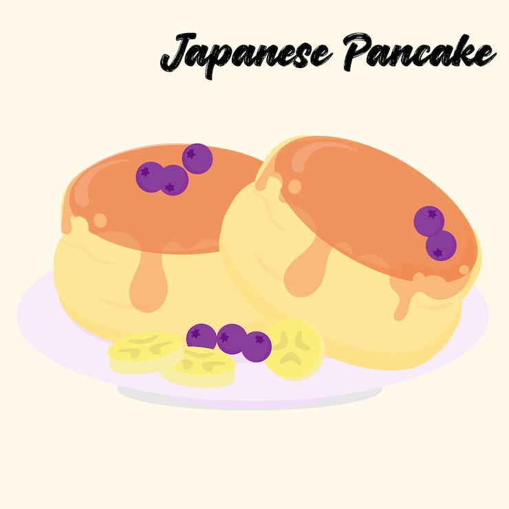 Vetor doce panqueca fofinha japonesa. sobremesa moderna do japão com frutas e xarope de bordo