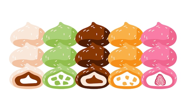 Doce sobremesa mochi do Japão Asianfood Ilustração desenhada à mão Fundo branco isolado
