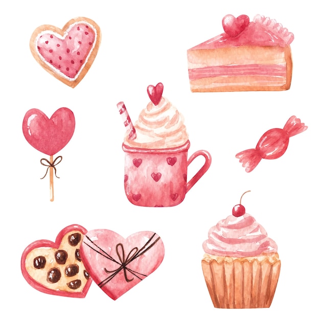 Doces aquarela desenhados à mão como bombons de chocolate bolo cupcake pirulito caneca com cacau e chantilly biscoito Aquarela clipart para o dia dos namorados