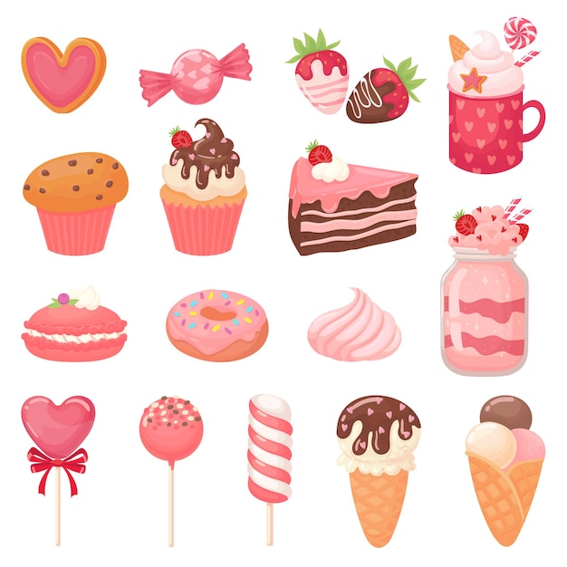 Doces bonitos do dia dos namorados. Pirulito de coração, sorvete doce e bolo de morango.