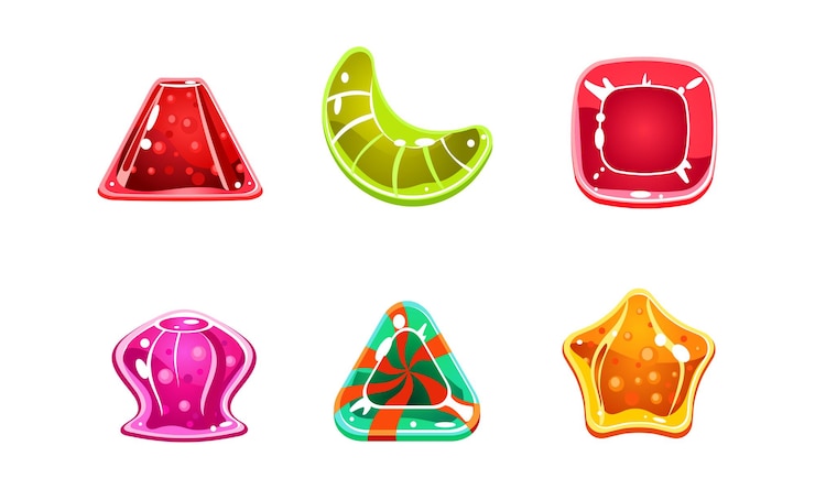 Vetor doces brilhantes definem doces multicoloridos de diferentes formatos, ativos de interface do usuário para aplicativos móveis ou