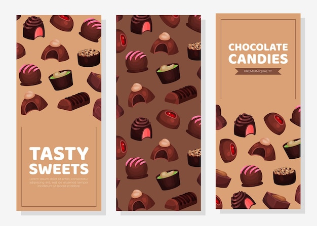 Doces de chocolate saborosos bandeiras verticais conjunto de embalagens de sobremesas doces etiqueta de publicidade vetor de menu