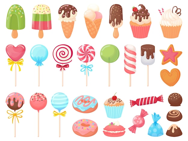 Doces de desenho animado. Sorvetes doces, cupcakes e bombons de chocolate.