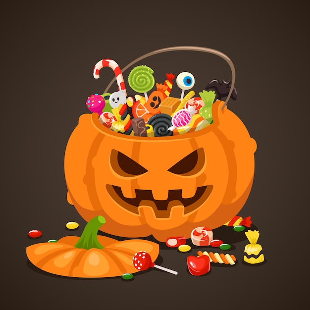 Doces de Halloween em saco de abóbora.