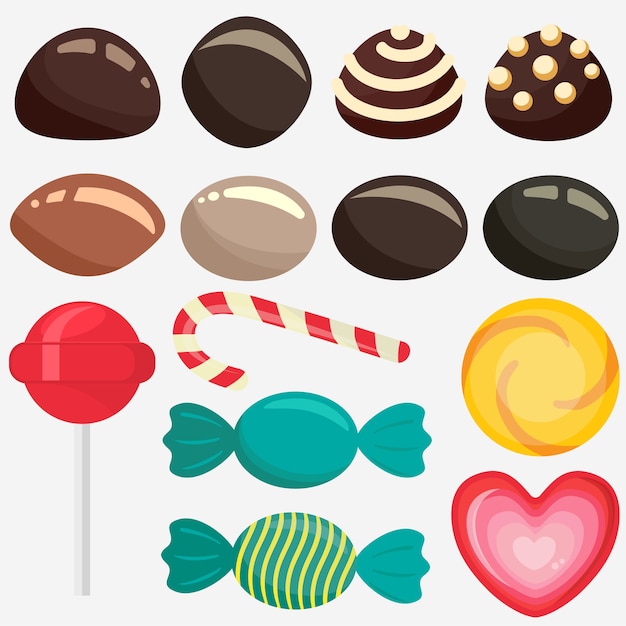 Doces doces, conjunto de pirulito de caramelo, coleção de bombons de chocolate coloridos com embalagem, alimentos açucarados, elemento de design para o natal