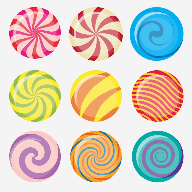 Vetor doces doces, conjunto de pirulito de caramelo redondo, coleção de doces coloridos sem embalagem, alimentos doces com açúcar