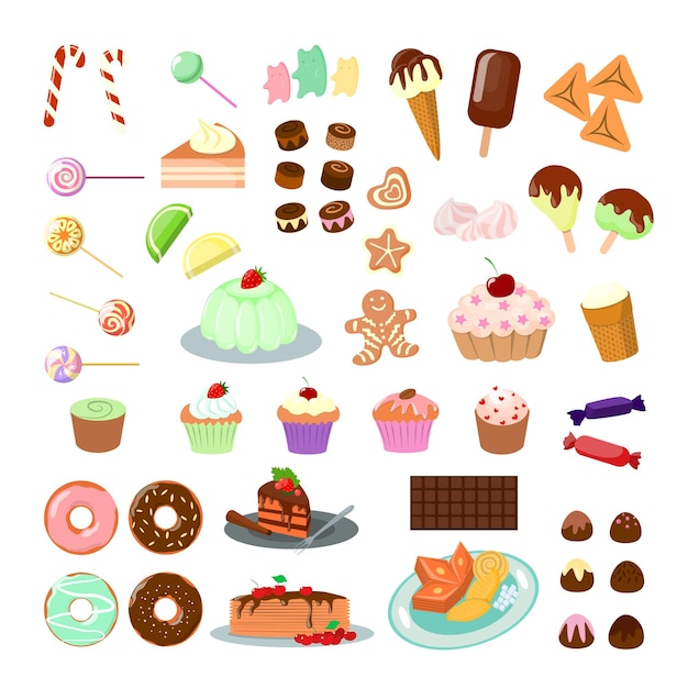Doces e doces em fundo branco